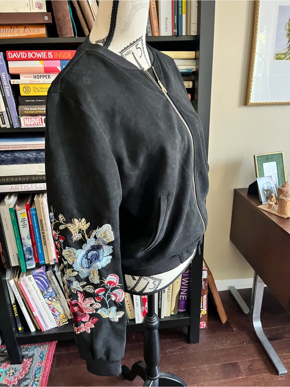 Embroidered Black Suedine Bomber Jacket - Women's
